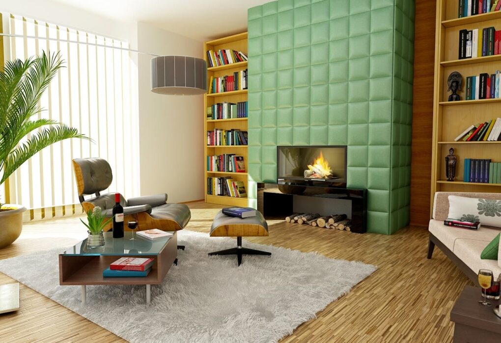 Elegant modern living room featuring stylish decor, bookshelves, and a cozy fireplace.