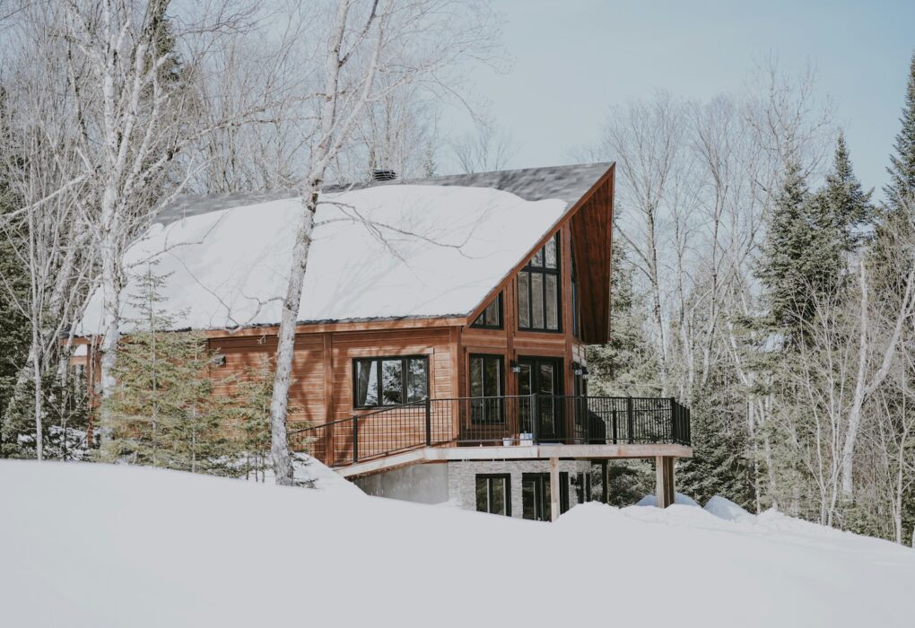 cabin near snowy forest